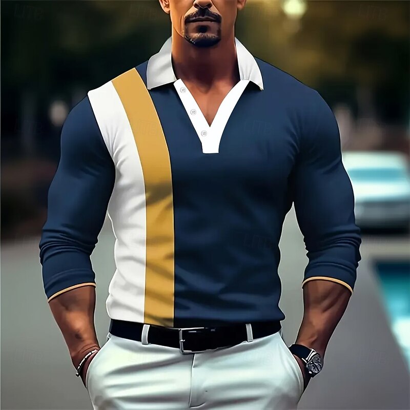 Men's Vertical Stripes Polo Long Sleeve Turndown Business Casual Daily Sports & Outdoor Athleisure Casual Daily Buttons Spring Fall Winter Navy Blue