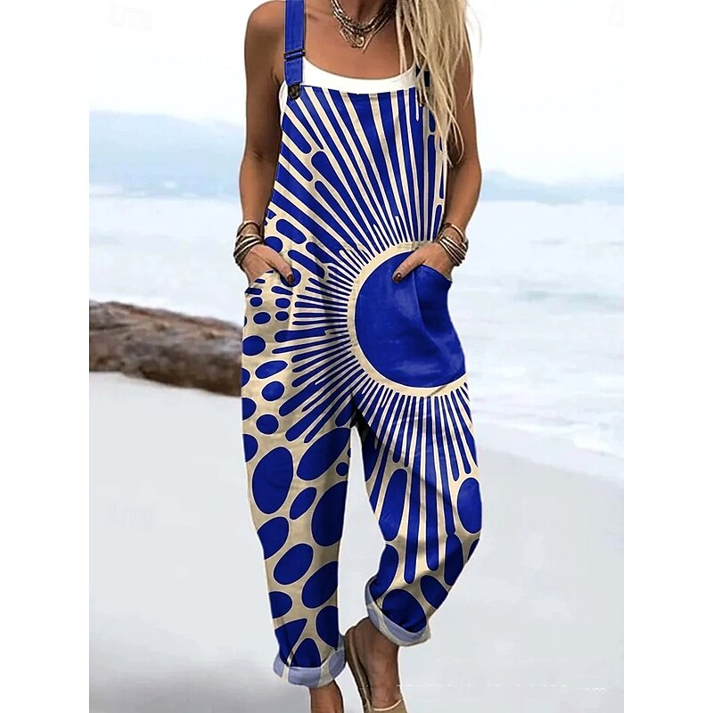 Women's Dungarees Active Floral Sleeveless Drawstring with Pocket Vacation Street Loose Fit Navy Blue Royal Blue Khaki Summer2