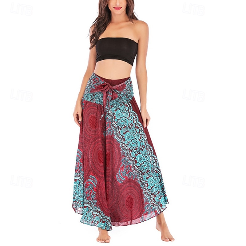 Women's Skirt A Line Swing Casual Boho Maxi High Waist Skirts Floral Print Micro-elastic Vacation Holiday White Wine Royal Blue Dark Green Summer Polyester2
