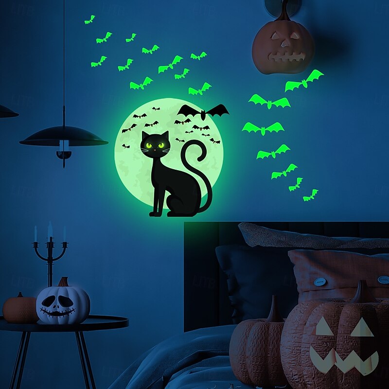 Halloween Decal Stickers Glow in The Dark Decoration, Luminous Bat and Cat Wall Stickers, Self-Adhesive Halloween Home Decor for Living Room and Bedroom4