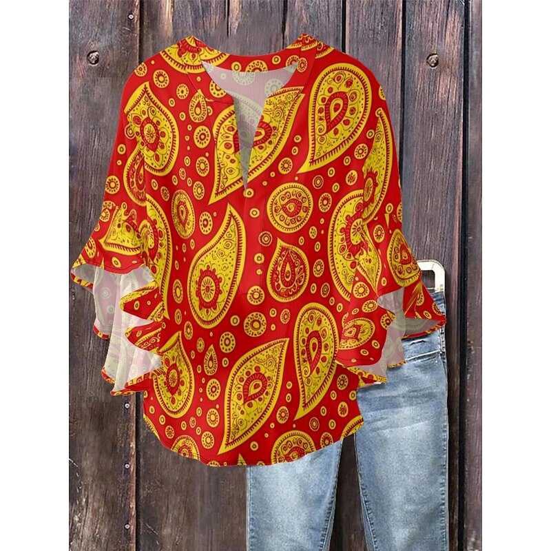 Women's Blouse Paisley Retro Vintage Ethnic 3/4 Length Sleeve V Neck Regular Tops Daily Holiday Ruffle Print Black Wine Red Navy Blue Blue Summer4