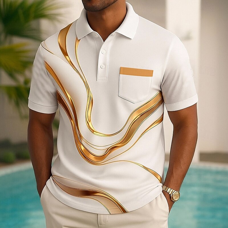 Men's Geometric Polo Short Sleeve Polo Collar Casual Daily Modern Sports & Outdoor Athleisure Buttons Pocket Summer Robin's Egg Blue Golden