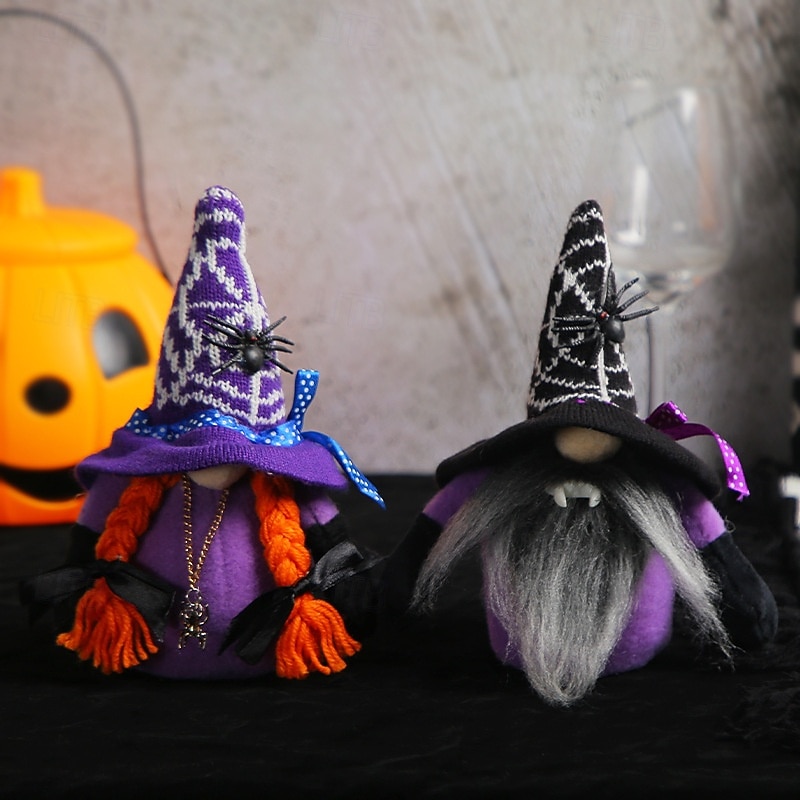 Halloween Witch Gnome with Faceless Vampire Doll, Spider and Bat Figurines, Cute Halloween Party Decor, Spooky Tabletop Props and Costume Accessories
