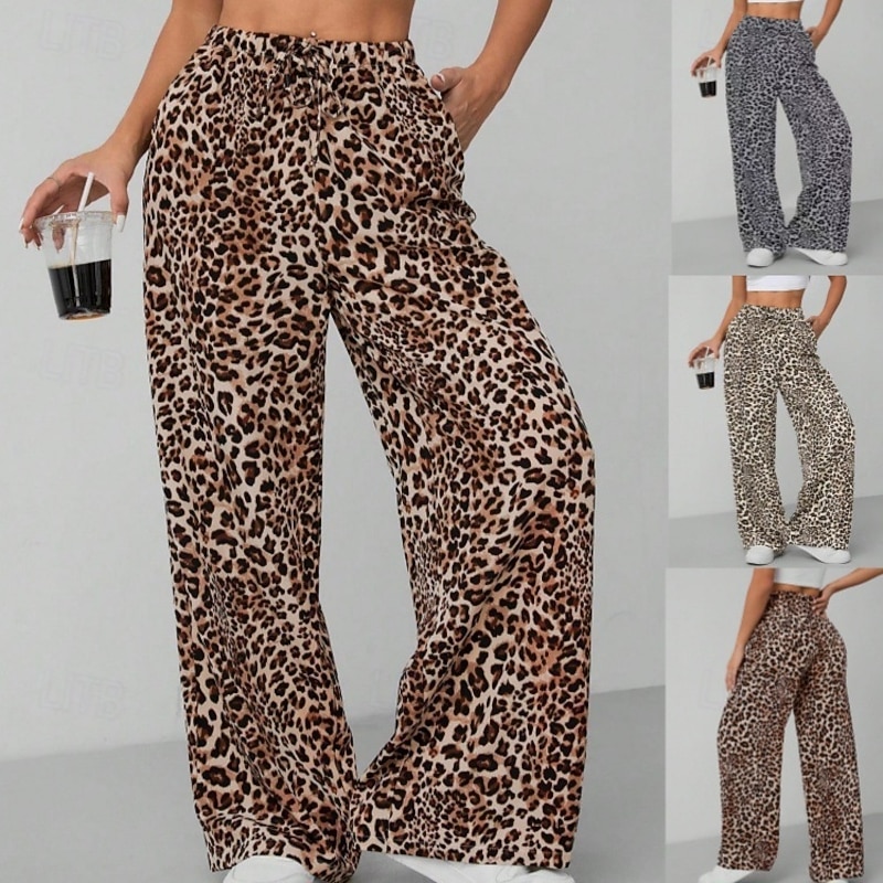 Women's Wide Leg Chinos Vacation Vintage Streetwear Full Length High Waist Leopard Pocket Elastic Waistband Printing Comfy Soft Comfortable Micro-elastic Outdoor Street Apricot Coffee Gray Summer