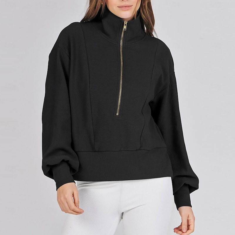 Women's Texture Sweatshirt Texture Blouse Pullover Sweatshirt Plain Streetwear Casual Comfy Long Sleeve V Neck Regular Tops Street Holiday Going out Quarter Zip Black Khaki Gray Fall3