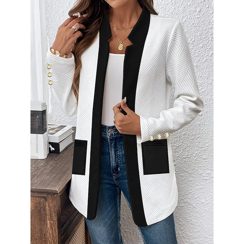 Women's Casual Jacket Comfortable Breathable Pocket Buttons Casual Plain Vacation Street Casual Daily Wear Single Breasted Regular Stand Collar Regular Fit Long Sleeve Outerwear Black White Spring4