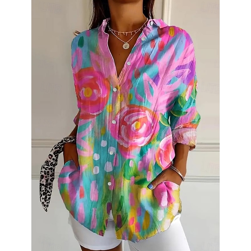 Women's Shirt Button Down Tunic Shirt Collar Long Sleeve Ombre Floral Graphic Romantic Casual Beach Regular Tops Work Daily s Print Pink Green Rainbow Spring Fall3