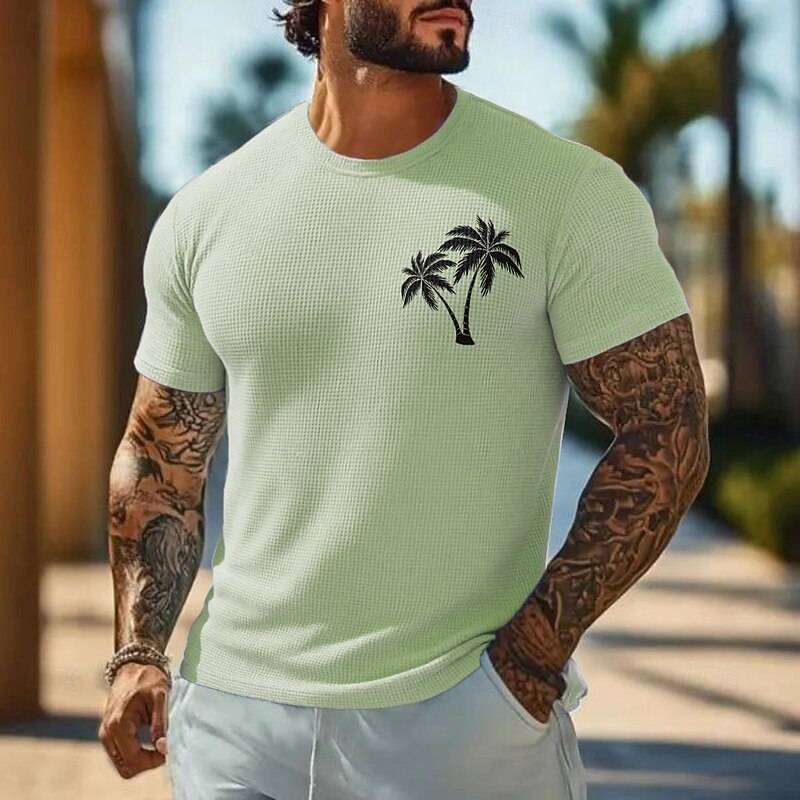Men's Palm Tree Waffle Shirt Short Sleeve T shirt 3D Print Crew Neck Shirt Vacation Tropical Fashion Vacation Street Casual Light Blue Light Green Pink Summer Spring Clothing Apparel S M L XL XXL XXXL