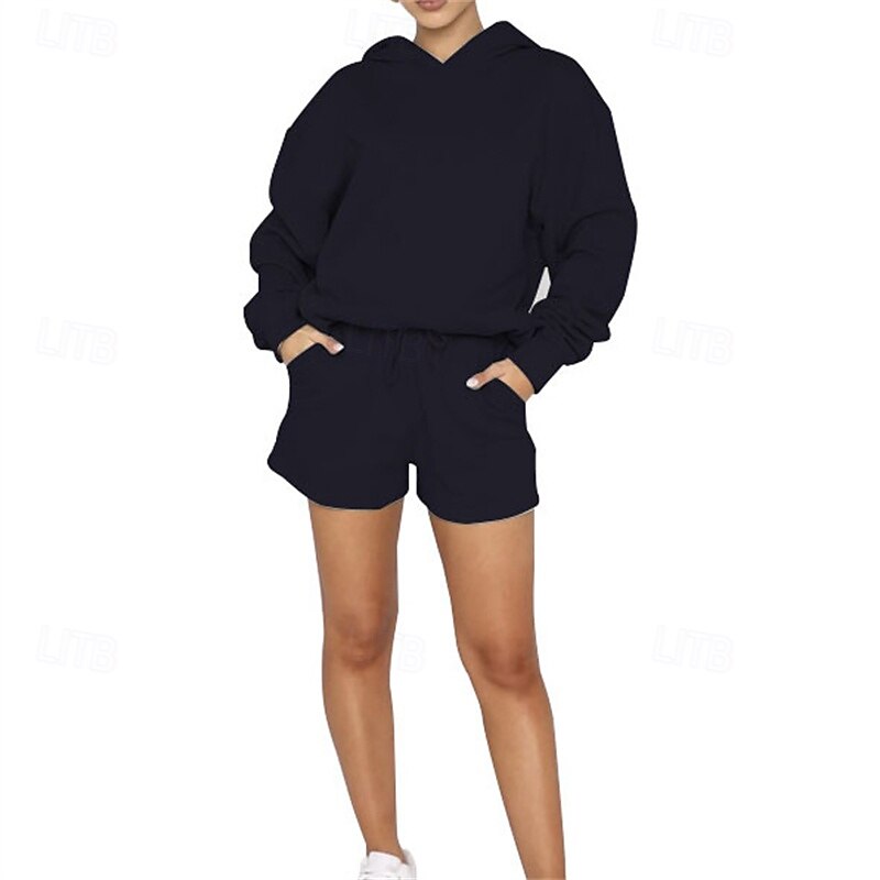 Women's Tracksuit Sweat Shorts Drawstring Pocket Solid Colored Hoodie Clothing Suit Fall Light Green Red Gym Workout Sports Windproof Long Sleeve Sport Activewear Micro-elastic Regular Fit2