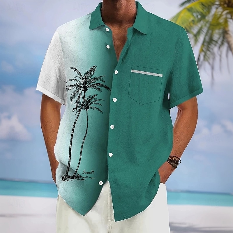Men's Coconut Tree Gradient Color Shirt Summer Hawaiian Shirt Button Up Shirt Short Sleeve Hawaiian Vacation Holiday Beach Wear Summer Spring Turndown 3D Print Front One Pocket Linen Like Shirt Black3