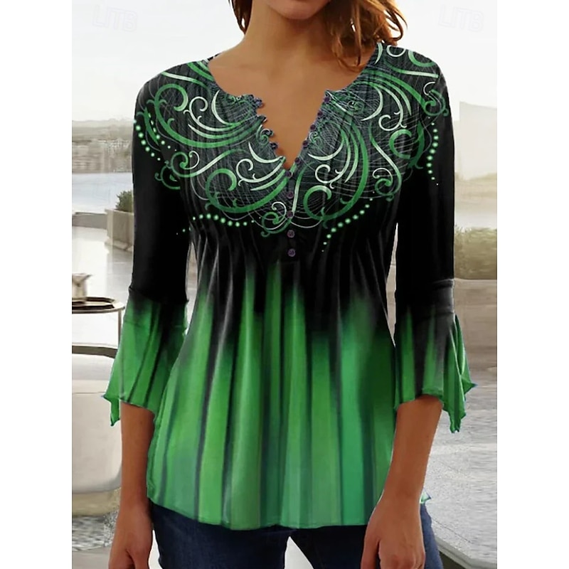 Women's Blouse V Neck Ombre Floral Graphic Elegant 3/4 Length Sleeve Regular Tops Daily Going out Buttons Grass Green Black and gray Blue Purple Green Summer Spring Fall4