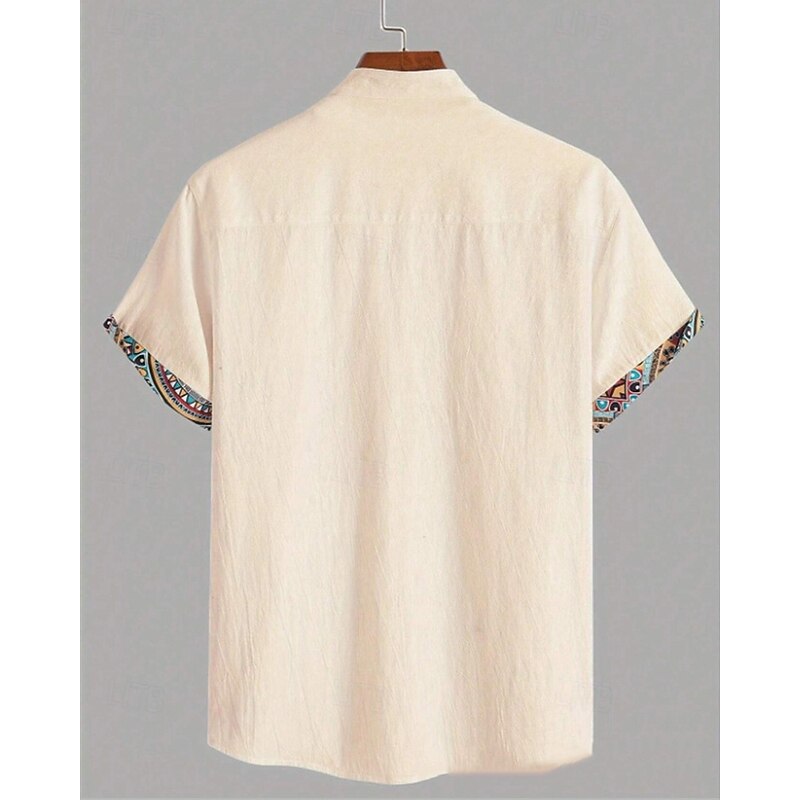 Men's Shirt Linen Shirt Casual Shirt Button Up Shirt Cotton Shirt Color Block Vacation Street Apricot Short Sleeve Band Collar Summer Clothing Apparel Splice2