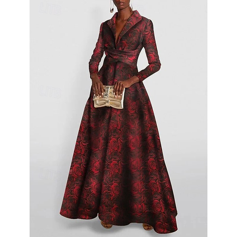 Red Jacquard Gown Mother of the Bride A-Line Evening Elegant Dress Formal Wedding Floor Length Long Sleeve Shirt Collar Pocket Nylon with Bow(s) Slit Pocket