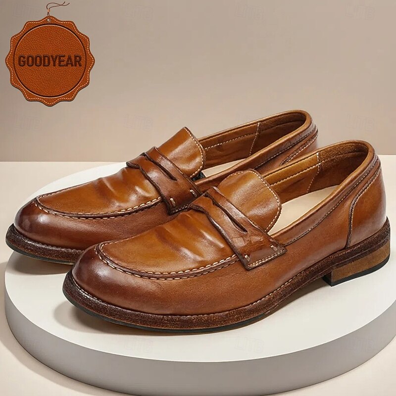 Men's Brown Leather Loafers with Moccasin Stitching and Goodyear Welt - Comfortable and Elegant Casual Shoes for Everyday Wear