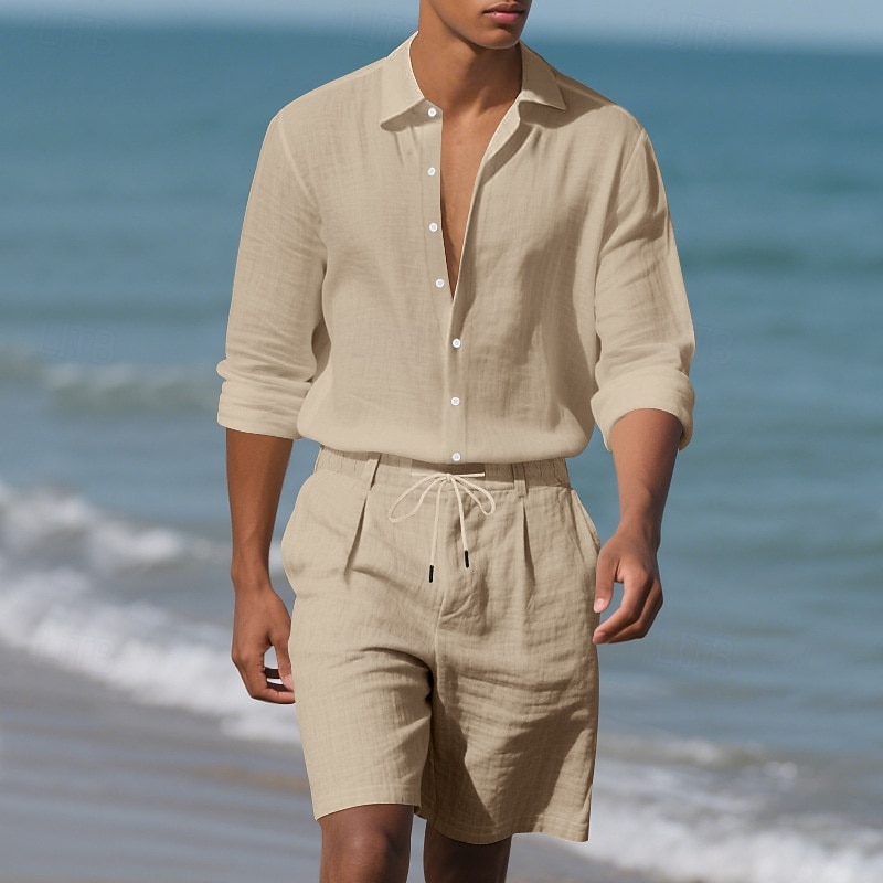 Men's T-shirt Suits 2 Pieces Outfits Tee & Shorts Long Sleeve Lapel Summer Plain Fashion Casual 2 Piece Vacation Daily Wear Going out Black White khaki Top Tee for Men