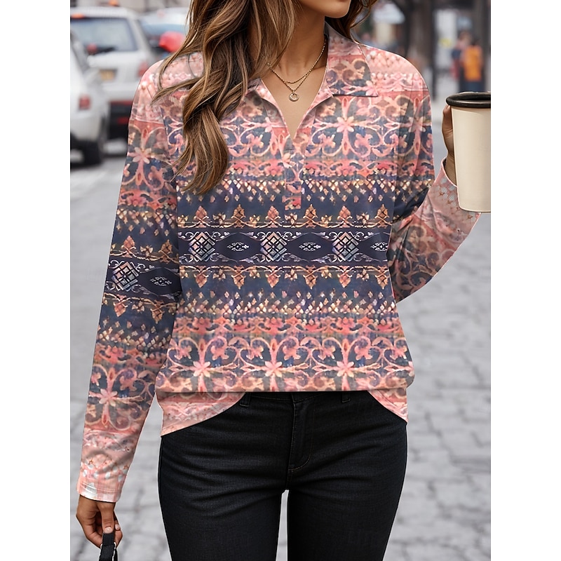 Women's T Shirt Graphic Geometry Vintage Stylish Casual Long Sleeve V Neck Shirt Collar Regular Tops Daily Print Yellow Pink Blue Purple Khaki Fall Winter