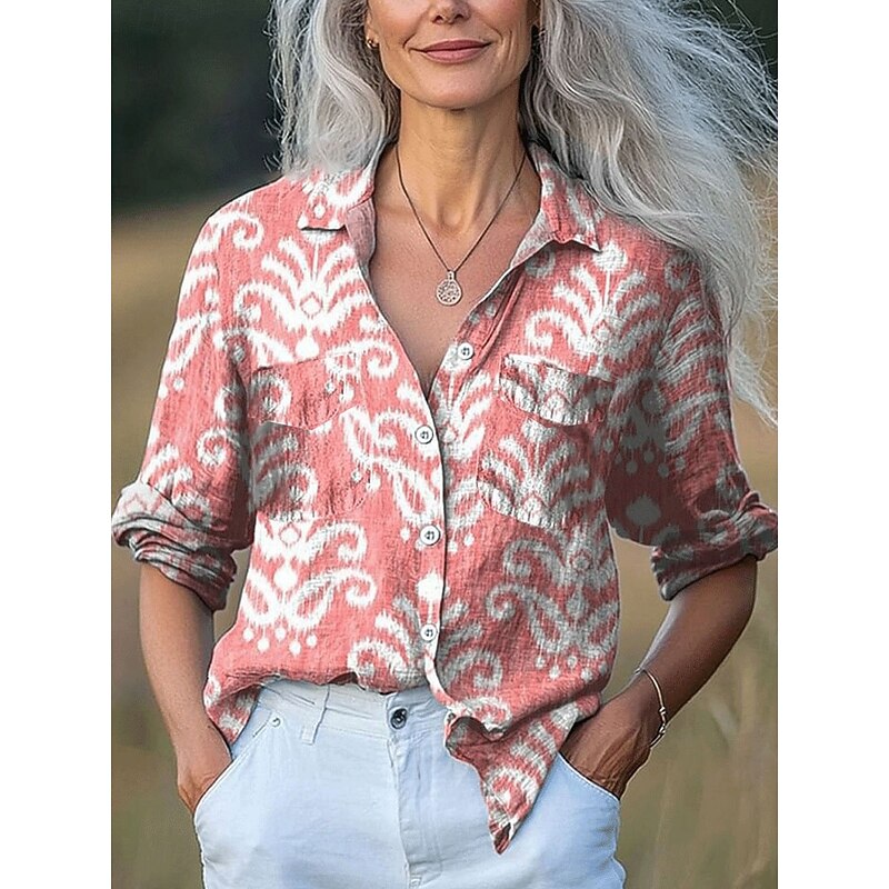 Women's Shirt Long Sleeve Button Down Blouse Floral Graphic Leaf Vintage Tropical Daily Shirt Collar Regular Tops Work Daily Buttons Print White Pink Purple Orange Spring Fall4