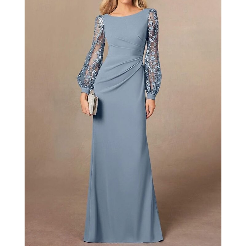 DustySheath / Column Mother of the Bride Dress Elegant Simple Minimalist Boat Neck Floor Length Stretch Crepe Long Sleeve with Lace Embroidery - Main Image