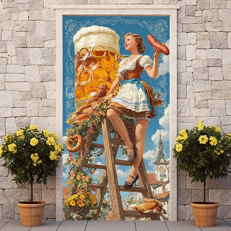 Oktoberfest Door Decorations German Bavarian Beer Door Covers Door Tapestry Door Curtain Decoration Backdrop Indoor/Outdoor Door Banner for Front Door Office Door3
