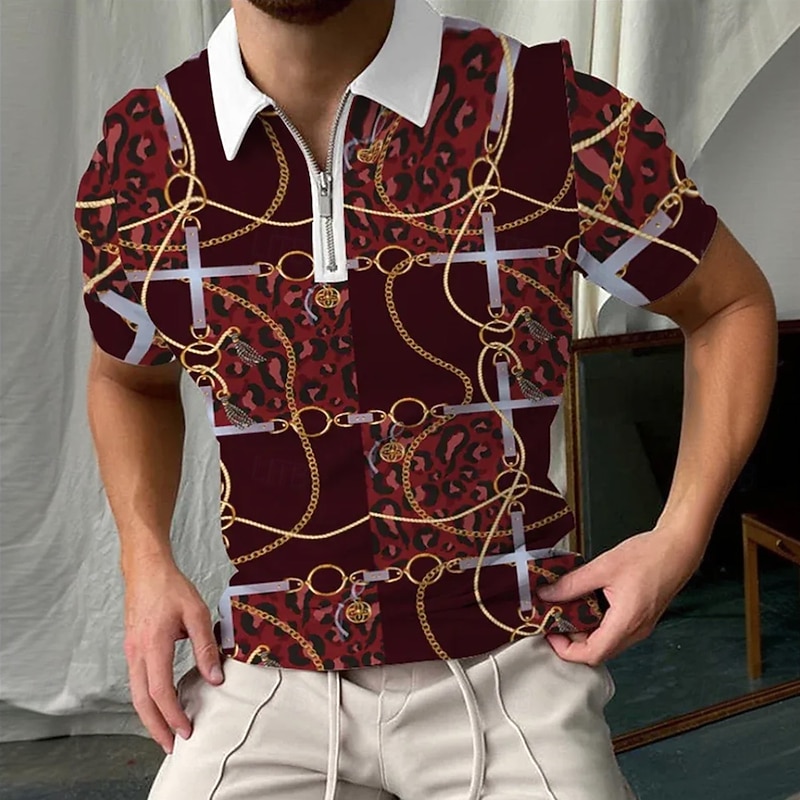 Men's Graphic Zip Polo Shirts Short Sleeve Polo Shirts Collared Shirts Casual Athleisure Daily Wear 3D Print Summer Yellow Red Gray