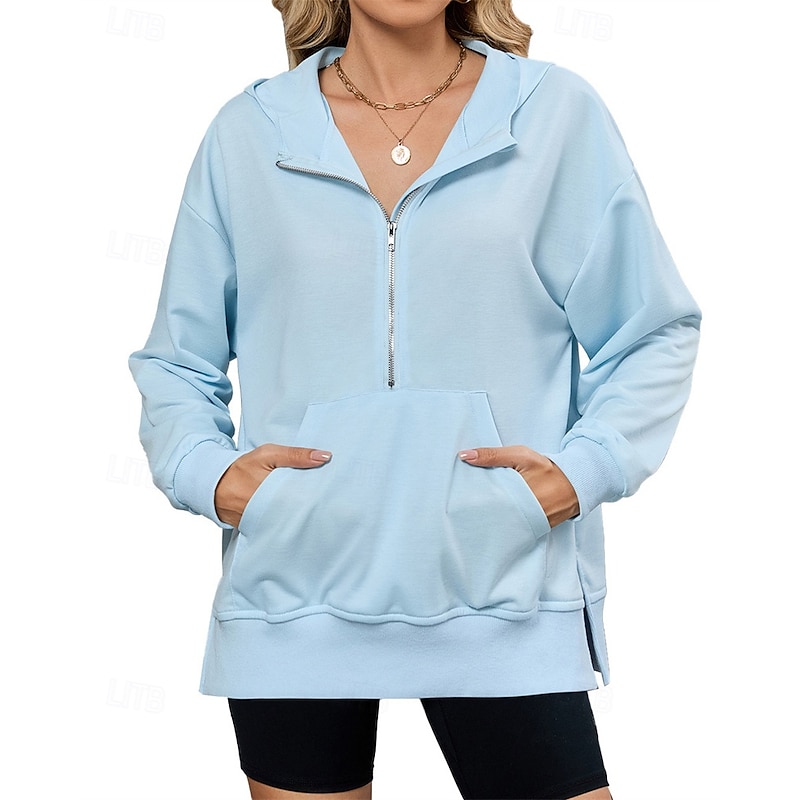 Women's Pullover Hoodie Sweatshirt Plain Streetwear Casual Comfy Long Sleeve Hooded Regular Tops Street Holiday Going out Half Zipper Quarter Zipper Front Pocket Quarter Zip Black Pink Blue Khaki Gray