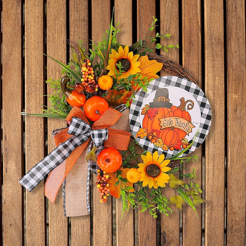 Fall Wreath for Front Door Thanksgiving Autumn Harvest Indoor Outdoor Decoration, Wooden Sign Sunflower Pumpkin Artificial Plant Wreath Door Hanging