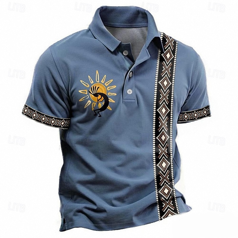 Men's Tribal Polo Shirts Golf Shirt Short Sleeve Polo Shirts Collared Shirts Vacation Wear Party Outfits Buttons 3D Print Summer Spring Blue Green Khaki3