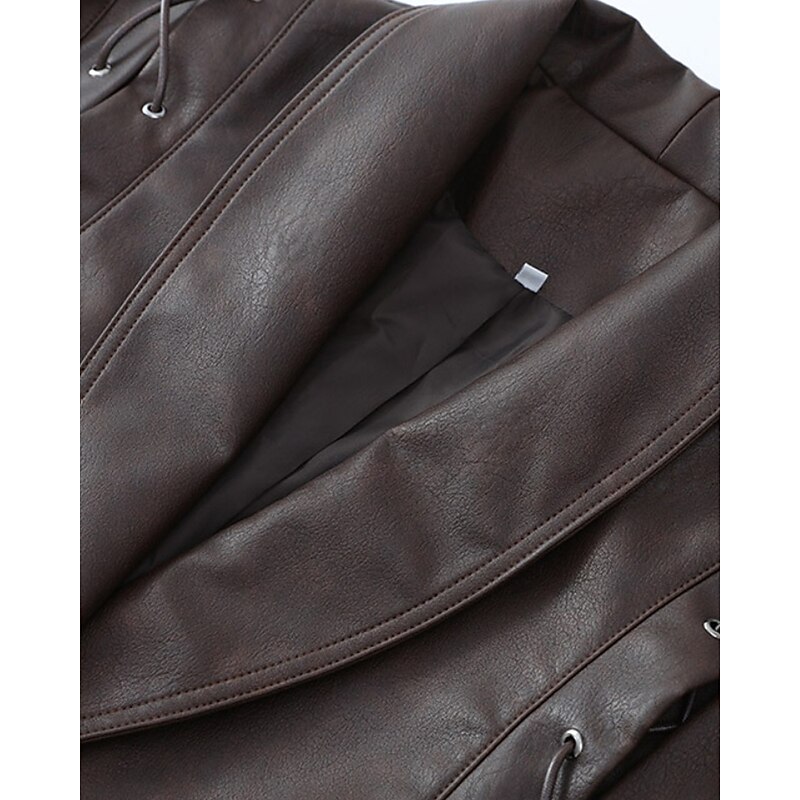 Women's Faux Leather Jacket Warm Comfortable Lace up Pocket Fashion Outdoor Plain Street Casual Daily Regular Turndown Regular Fit Long Sleeve Outerwear Black Brown Fall Winter3