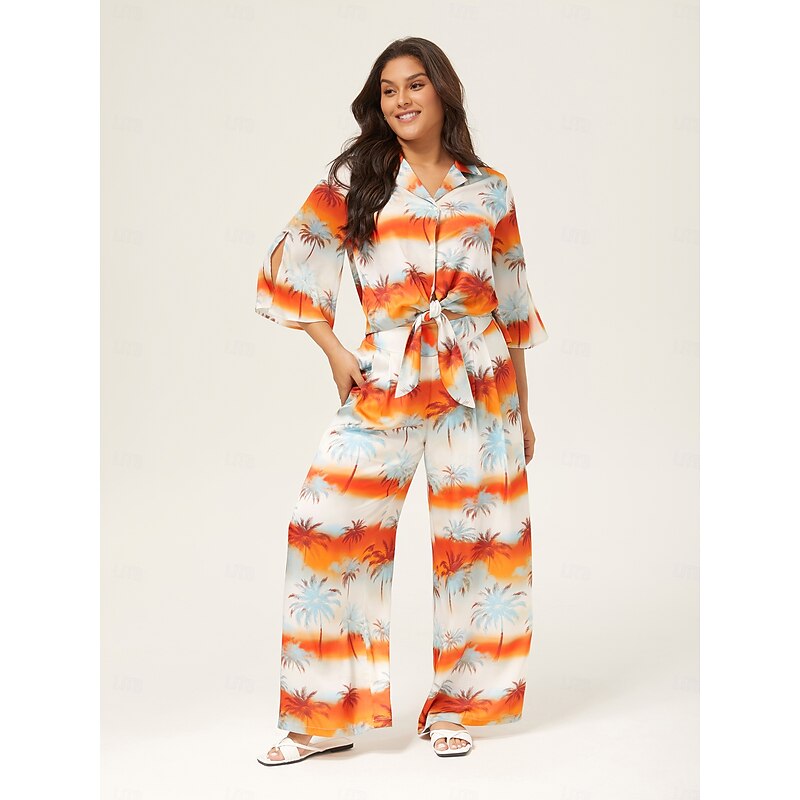 Summer Cuban Collar Tie-front Cropped Loose-fitting Floral Top2