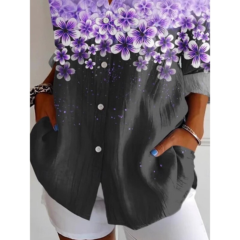 Women's Shirt Floral Active Daily Stylish Long Sleeve Shirt Collar Regular Tops Daily Holiday Buttons Print Purple Spring Fall3