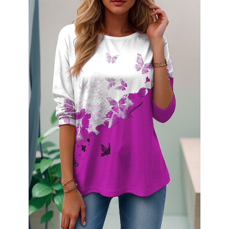Women's T shirt Long Sleeve Crew Neck Long Sleeve Tunic Graphic Butterfly Plants Vintage Stylish Classic Regular Tops Daily Weekend Print Black Red Purple Brown Green Prefall4