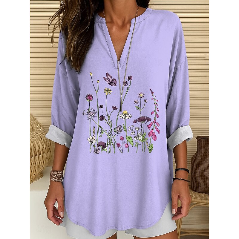 Women's Blouse Tunic V Neck Long Sleeve Boho Casual Tops Floral Graphic Vintage Tropical Regular Tops Daily Wear Print White Pink Blue Purple3