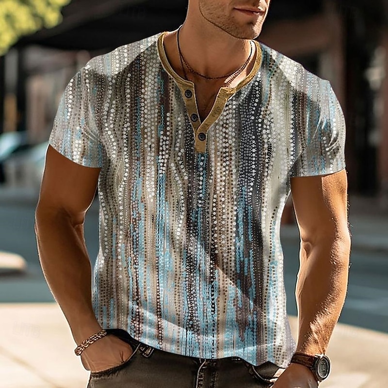 Men's Geometric Abstract Printed T Shirt Henley Shirt Short Sleeve Designer Modern Trendy Street Casual Daily Summer Spring Khaki Henley Henley T-Shirt