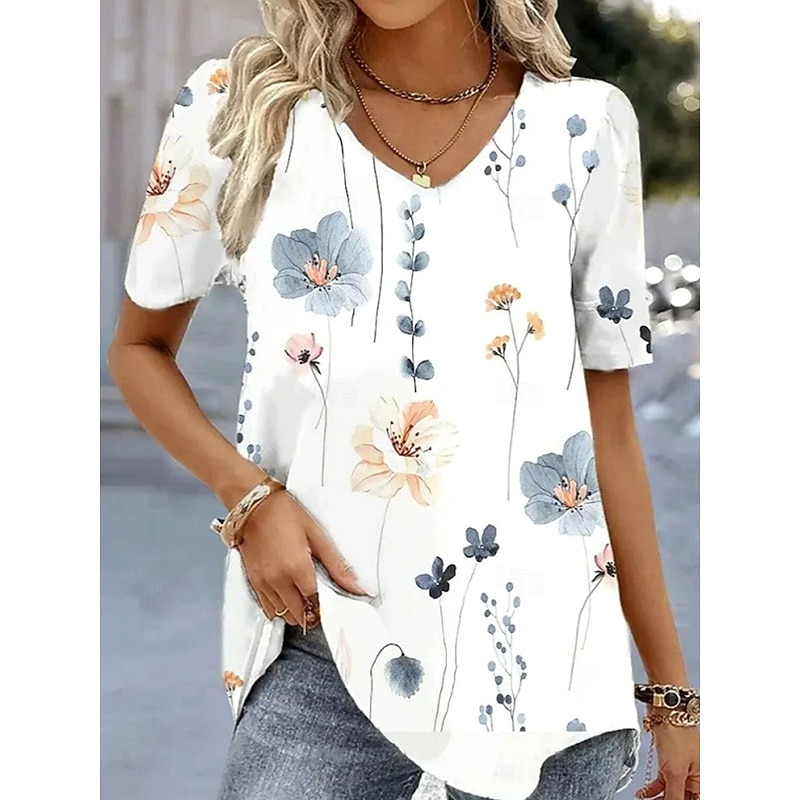 Women's T Shirt Floral Graphic Plants Vintage Fashion Hawaiian Short Sleeve V Neck Regular Tops Daily Going out Weekend Print Light Green Pink Light Blue Summer Spring3
