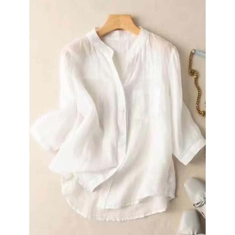 Women's Cotton Linen Shirts Solid Color Basic Casual Long Sleeve V Neck Regular Tops Daily Pocket Buttons White Navy Blue Light Blue Summer4