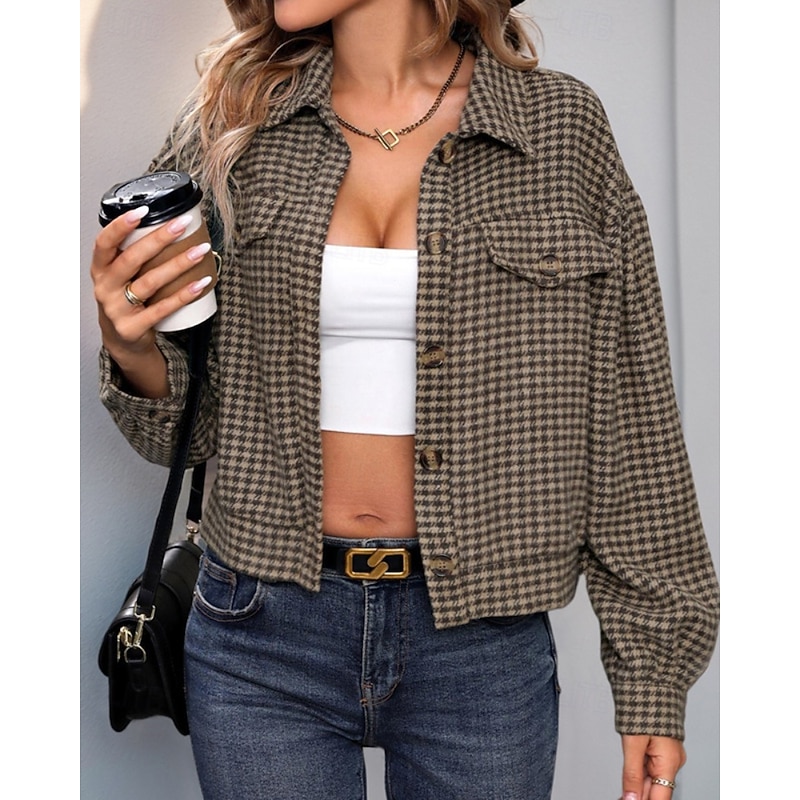 Women's Casual Jacket Comfortable Pocket Buttons Casual Plaid Going out Weekend Single Breasted Regular Turndown Regular Fit Long Sleeve Outerwear Khaki Fall Winter