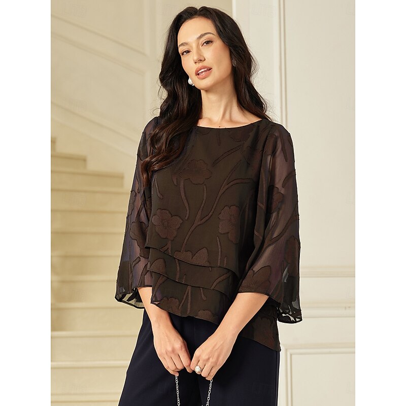 Women's Lace Shirt Blouse Dressy Tops Chiffon Tops Solid Color Floral Elegant Vintage Stylish Half Sleeve Flutter Sleeve Boat Neck Regular Tops Wedding Guest Work Daily Asymmetric Hem Brown Summer