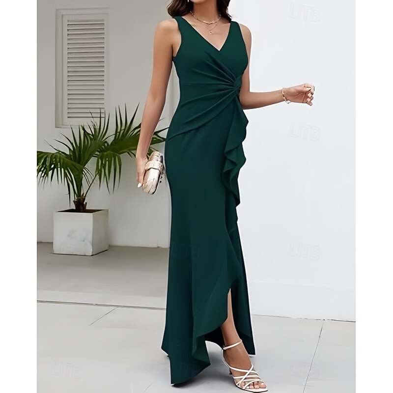 Mermaid / Trumpet Wedding Guest Dresses Elegant Dress Wedding Guest Engagement Floor Length Sleeveless V Neck Stretch Crepe with Ruched Ruffles Slit3
