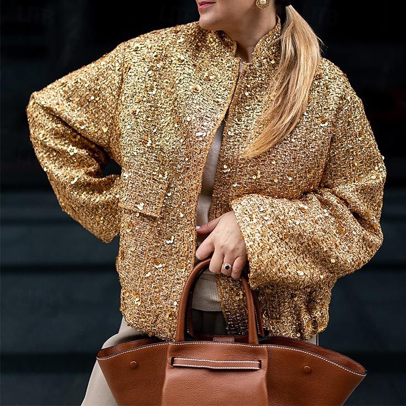 Women's Winter Coat Comfortable Pocket Sequin Fashion Plain Outdoor Going out Single Breasted Regular Stand Collar Regular Fit Long Sleeve Outerwear Black Gold Fall Winter - Main Image
