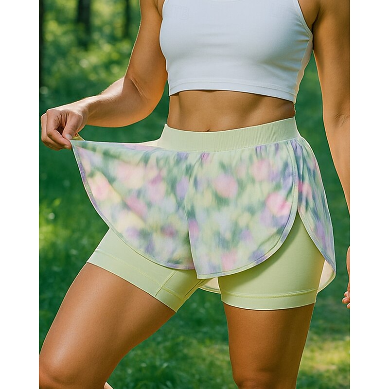 Women's Running Shorts shorts with tights 2 in 1 Elastic Waistband Shorts Sports & Outdoor Casual Quick Dry Lightweight Breathable Tennis Golf Running Regular Fit Sportswear Activewear Light Green