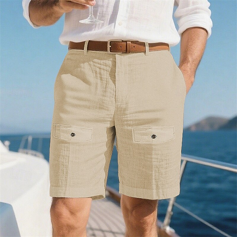 Men's Shorts Linen Shorts Summer Shorts Beach Shorts Pocket Buttons Plain Comfort Breathable Short Vacation Holiday Beach Hawaiian Boho White Khaki2