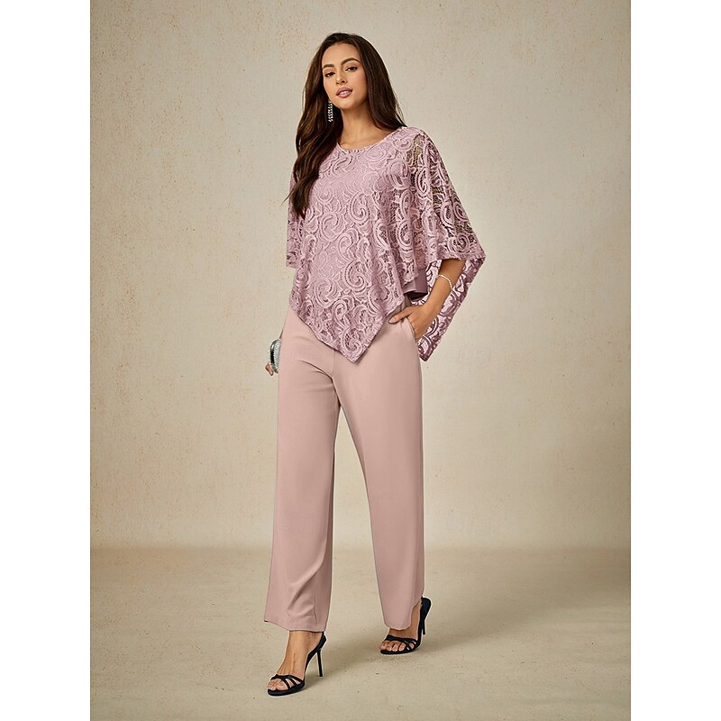 Women's Blouse Dressy Tops Plain Elegant Half Sleeve Crew Neck Regular Tops Wedding Guest Daily Lace Patchwork Layered Blush Pink Summer Spring2