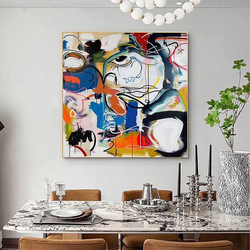 POP art painting Handmade Pablo Picasso Abstract Oil Painting Bold Color Blocking Expressive Brushstrokes Blue Orange Contrast Dynamic Line Art Modern Living Room Decor Abstract Portrait Artwork4
