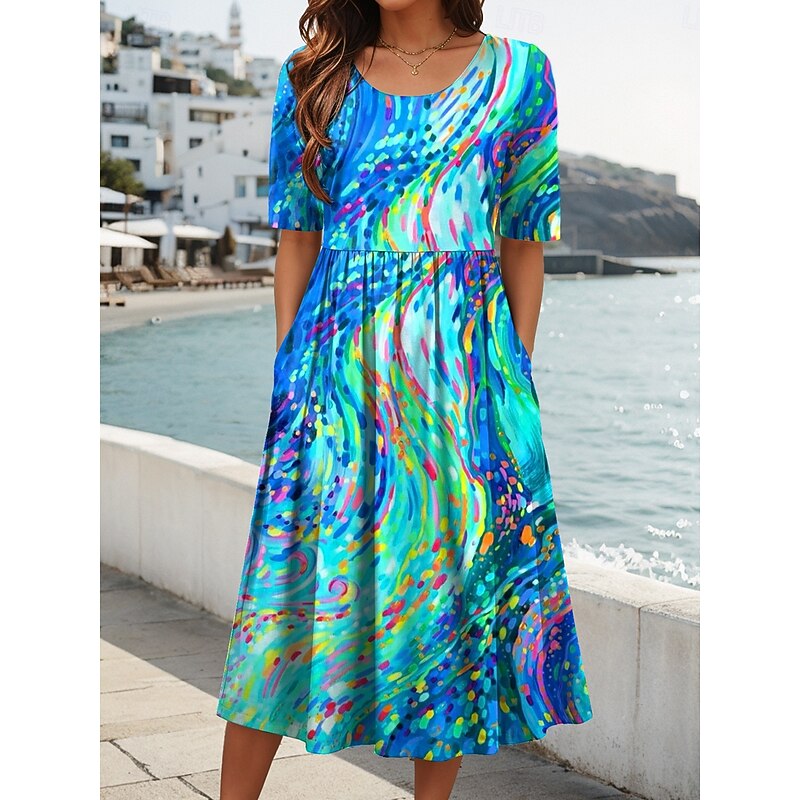 Women's Midi Dress Summer Dress Pleated Dress Vacation Casual Holiday Loose Fit Graphic Geometric Abstract Half Sleeve Crew Neck Red Blue Purple Green Summer