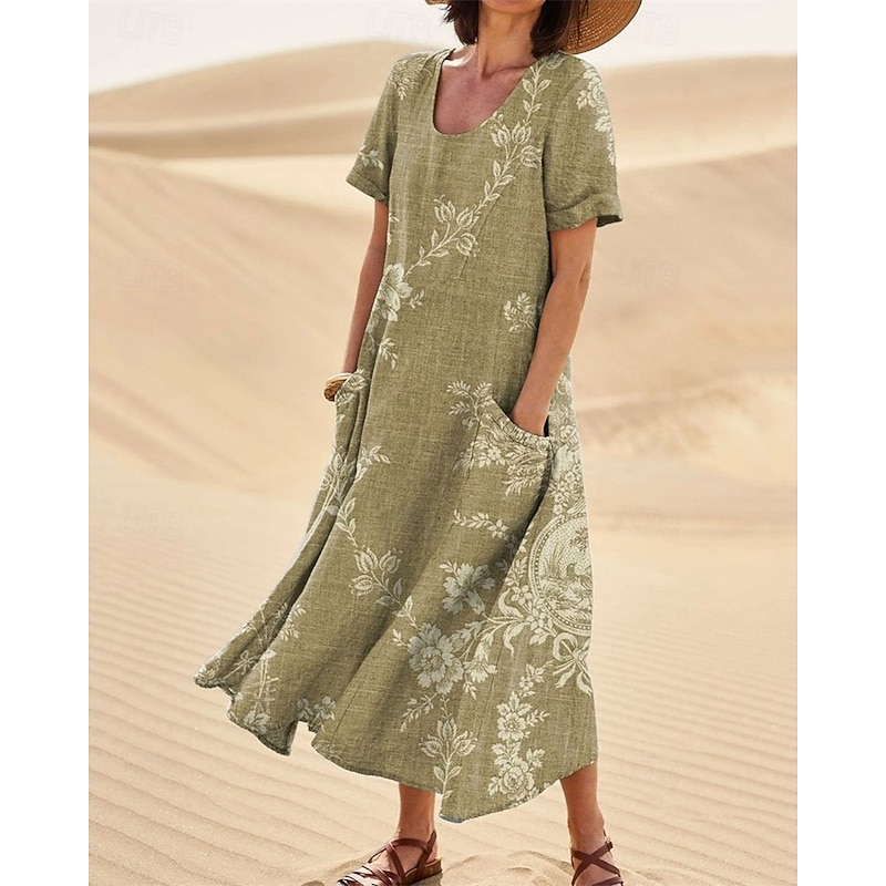 Women's Long Dress Maxi Dress Casual Dress Swing Dress Summer Dress Elegant Fashion Romantic Outdoor Party Holiday Regular Fit Flower Short Sleeve Crew Neck Yellow Red Green Summer