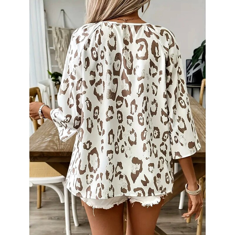 Women's Summer Tops Graphic Animal Leopard Vintage Daily Stylish 3/4 Length Sleeve V Neck Regular Tops Daily Smocked Print Black Khaki Beige Summer Spring Fall2