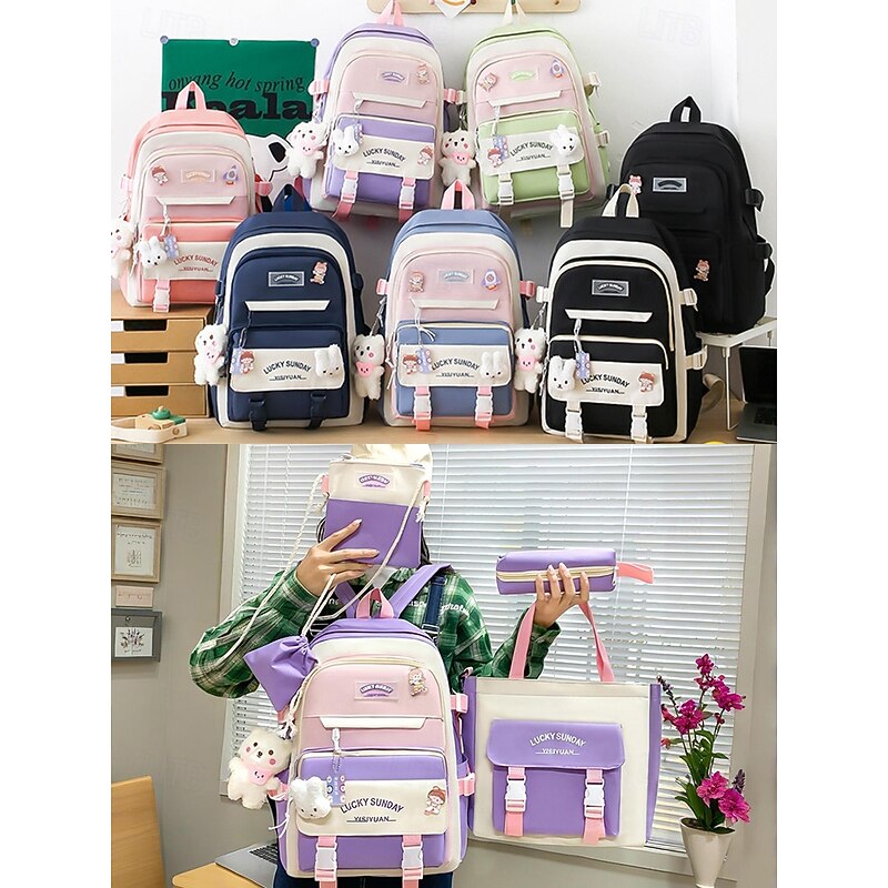 5-in-1 School Backpack Set with Plush Charms, Lightweight nylon, Kawaii Style, For Girls and Teen Students, Ideal for School and Daily Use4