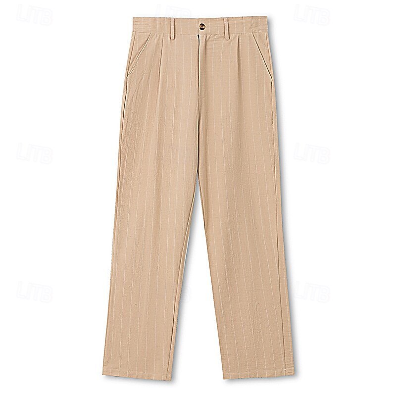 Men's Linen Pants Trousers Summer Pants Stripe Straight Leg Plain Comfort Breathable Full Length Casual Daily Holiday Fashion Streetwear Black White3