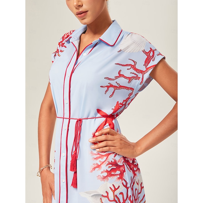 Loose Color-Block Coral Shirt Dress4