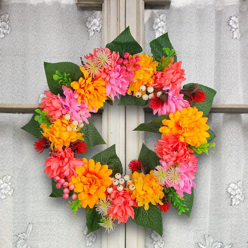 Fall Wreath for Front Door Thanksgiving Autumn Farmhouse Indoor Outdoor Decoration, Artificial Chrysanthemum Floral Wreath with Fall Leaves, Rustic Harvest Garden Door Hanging Decor4